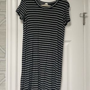 Black t-shirt dress with white horizontal stripes. Very soft and flows.